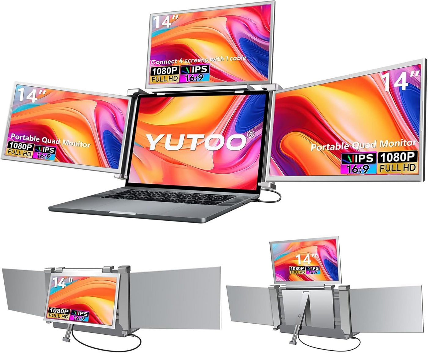 YUTOO 14" Laptop Screen Extender Monitor Portable, Quad Monitor, Just 1 Cable for 3 Screens, FHD 1080P IPS Monitor Extender Compatible with Wins/Mac(M1 M2 M3) for 13.6" -17.3" Laptops-S680