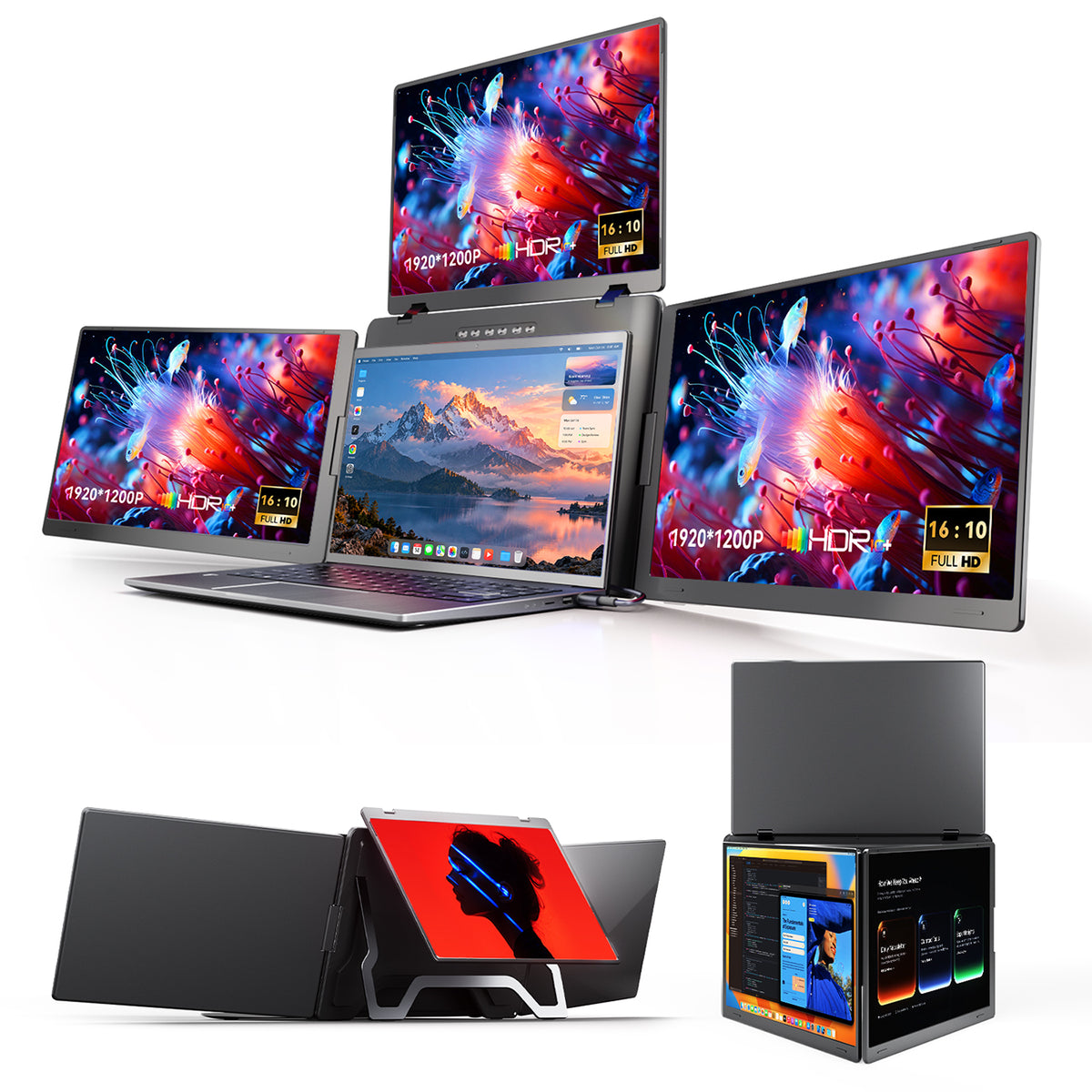 FOPO S980 with three external displays around a laptop, plus folded and rear views
