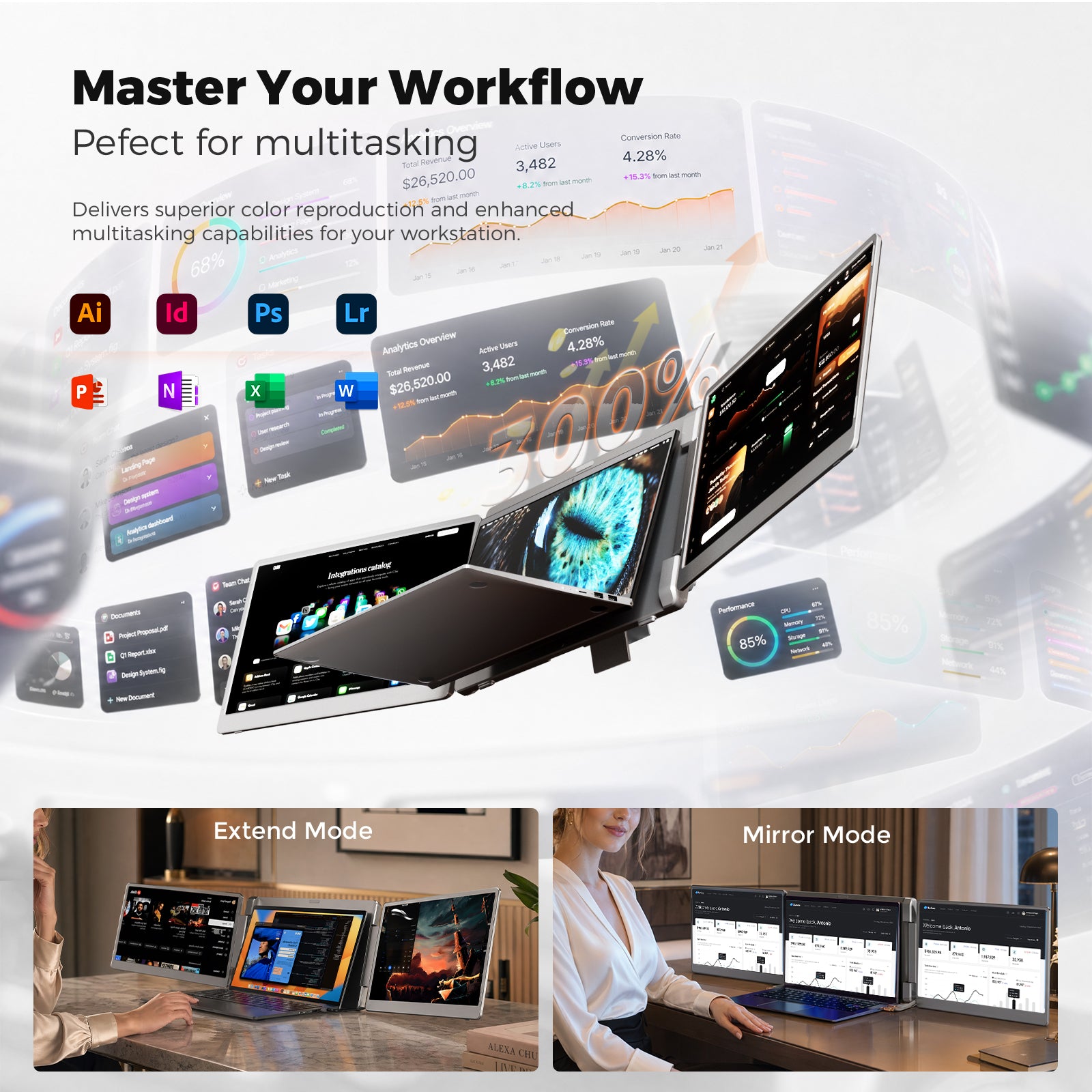 Different applications open across three screens on a desk