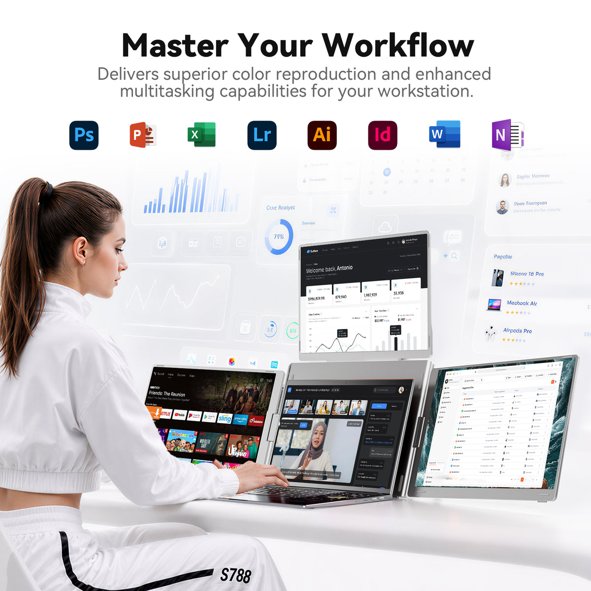 FOPO S788 16" Triple Laptop Screen Extender – 1920×1200 FHD IPS Portable Monitor