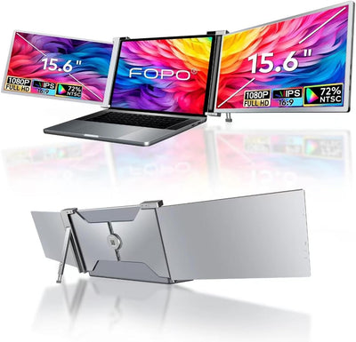 FOPO 15.6" Triple Monitor for Laptop, FHD 1080P IPS Portable Monitor for 15.6-19” Laptop, Plug and Play Travel Laptop Screen Extender with USB-C&HDMI, Dual Monitor for Windows, Mac, Black-S9