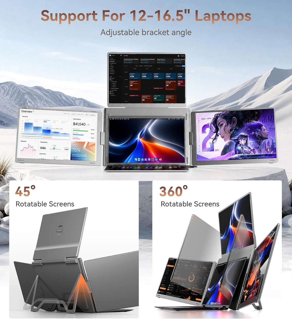 FOPO® S780 Pro 14" Quad Portable Monitor – 1920×1200 FHD IPS | 180° Flip | G-Sensor | Laptop Screen Extender