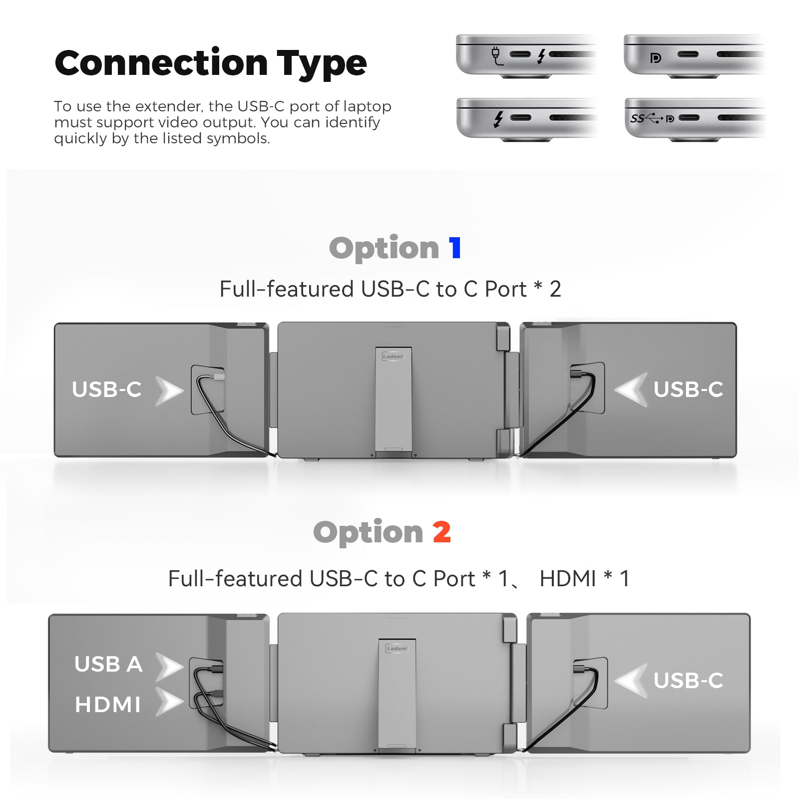 Connection diagram: one USB-C cable for each extension screen