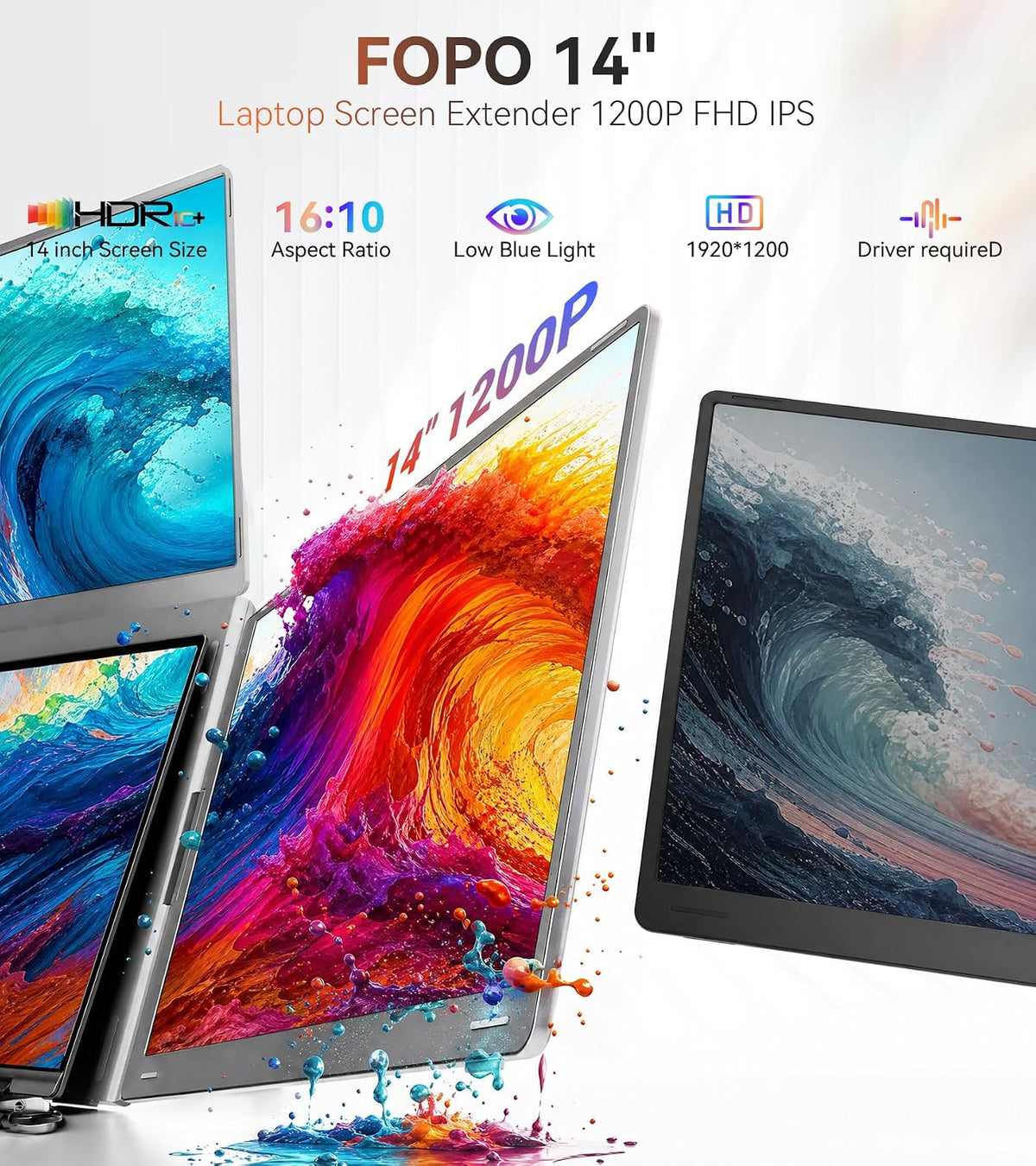 FOPO® S780 Pro 14" Quad Portable Monitor – 1920×1200 FHD IPS | 180° Flip | G-Sensor | Laptop Screen Extender