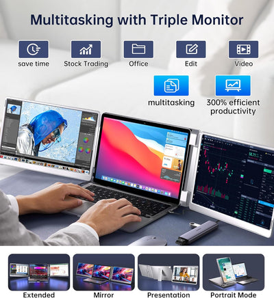 FOPO 14" Triple Monitor Laptop Screen Extender - FHD 1200P 16:10 Laptop Monitor Extender, Left Screen 360° Flip Portable Monitor for 12-17" Laptops with HDMI/USB - C, Plug & Play - S7