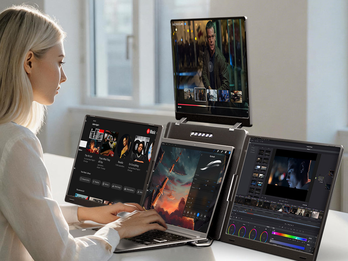 FOPO S980 four-screen workstation in use at a desk