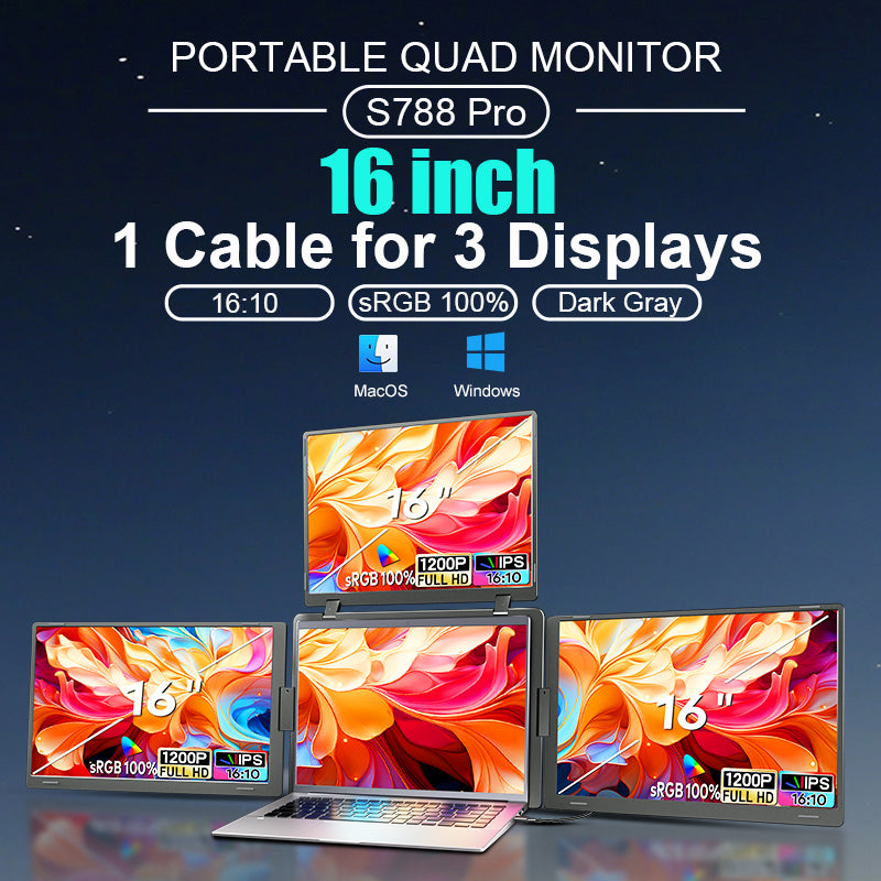 FOPO® S788 Pro – 16" Portable Quad Monitor for Laptop (3 Extra Screens, 1 Cable Setup)