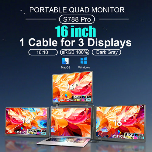 FOPO® S788 Pro – 16" Portable Quad Monitor for Laptop (3 Extra Screens, 1 Cable Setup)