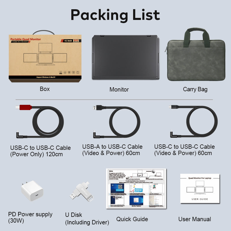 FOPO® S788 Pro – 16" Portable Quad Monitor for Laptop (3 Extra Screens, 1 Cable Setup)