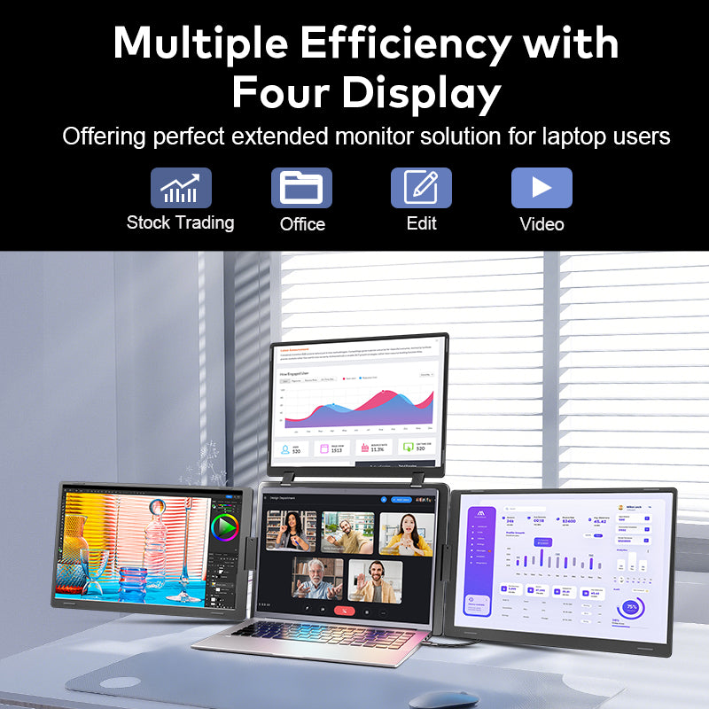 FOPO® S788 Pro – 16" Portable Quad Monitor for Laptop (3 Extra Screens, 1 Cable Setup)