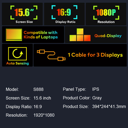 FOPO® S888 Three-Fold Portable Monitor – 1 Cable for 3 Displays | 15.6" 1080P IPS