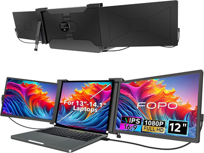 FOPO 12" Triple Portable Monitor 1080P FHD IPS Triple Monitor Extender, Triple Screen for Laptop of 13"-14.1", Compatible with Windows/Mac, Connect with USB-C/HDMI(Not for M1 M2 Chip, Chromebook)-S12