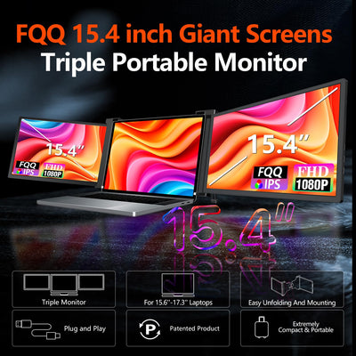 FQQ 15.4” Triple Portable Monitor for 15.6-17.3” Laptops, 1080P IPS Laptop Screen Extender, Compatible with Windows,MacOS(M4 chip, Pro Chips & Max Chips), Transfer by USB-C & HDMI-S20