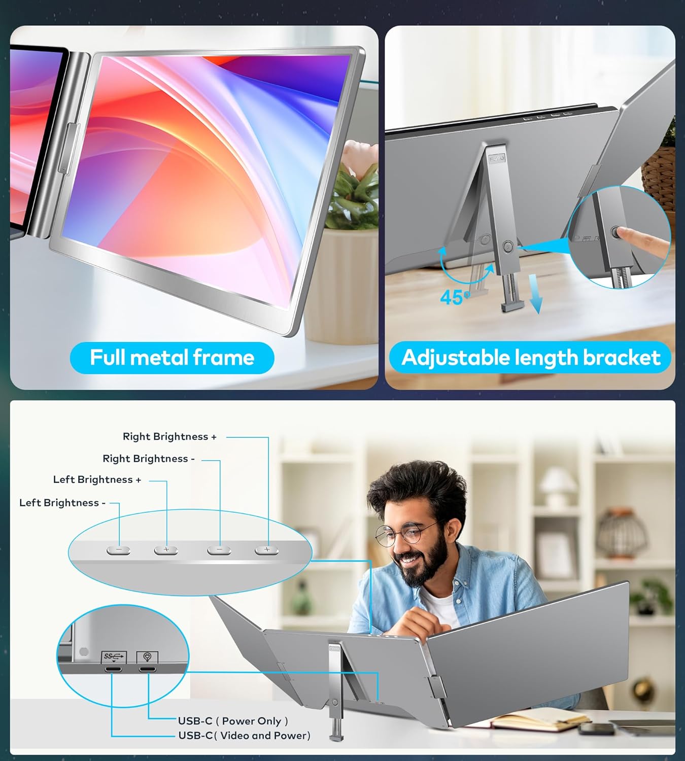 FOPO 14" Laptop Screen Extender Triple Monitor Laptop Extender [1 Cable for Dual Monitor] 1200P FHD 360° Rotation Screen Portable Monitor for 13-17" Laptops with USB-C /2 USB-A (MacOS, Wins)