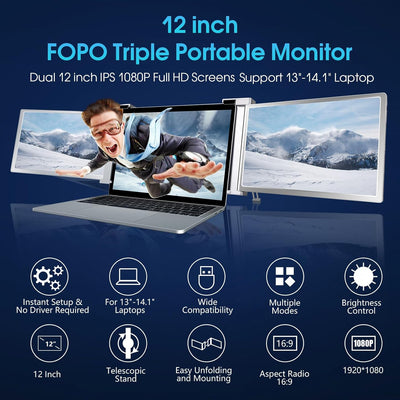 FOPO 12" Triple Portable Monitor 1080P FHD IPS Triple Monitor Extender, Triple Screen for Laptop of 13"-14.1", Compatible with Windows/Mac, Connect with USB-C/HDMI(Not for M1 M2 Chip, Chromebook)-S12