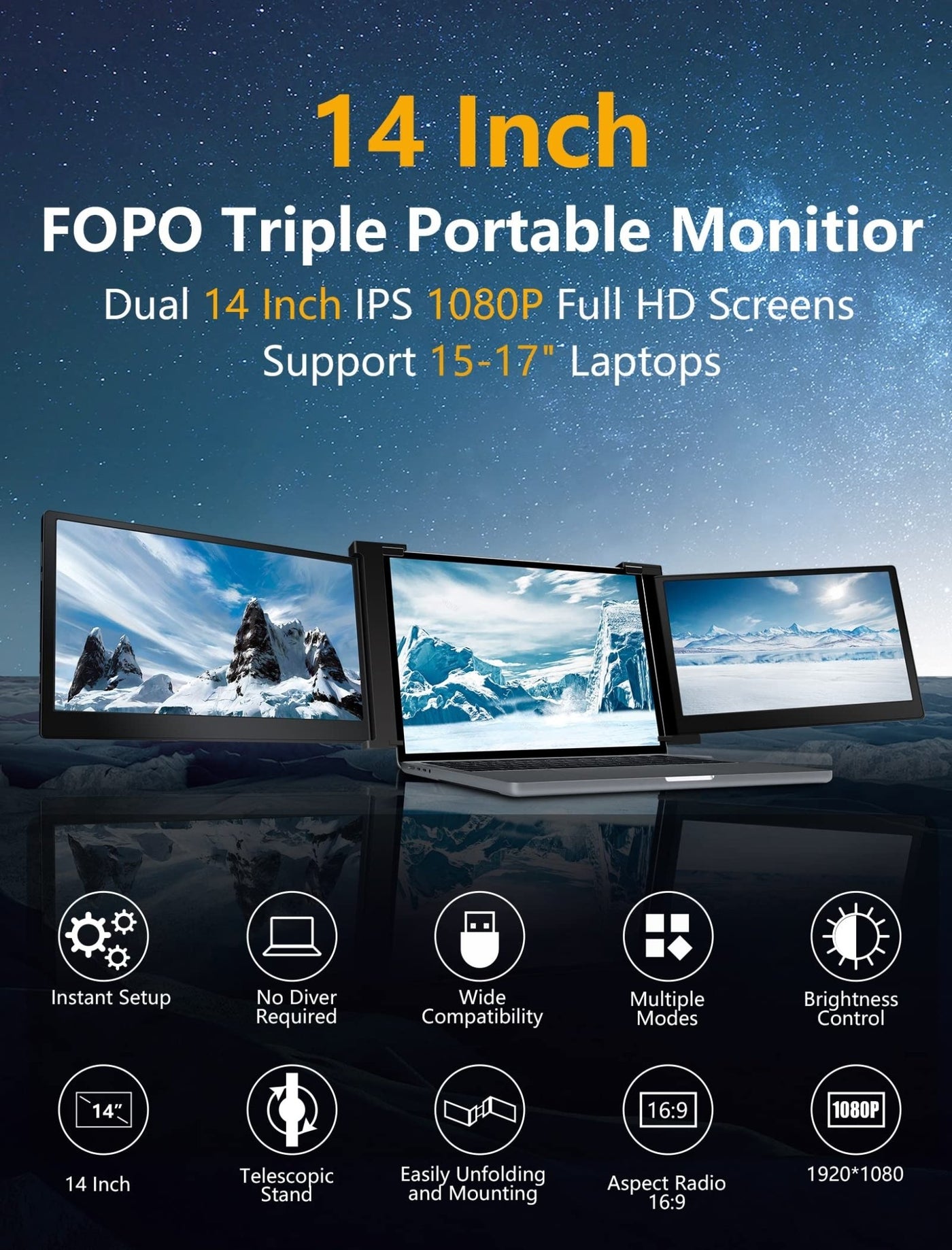 14 Inch Triple Portable Monitor 1080P@60Hz Laptop Screen Extender for Dual  Monitor Display, Portable Triple Screen for 14-17 Laptop, Support