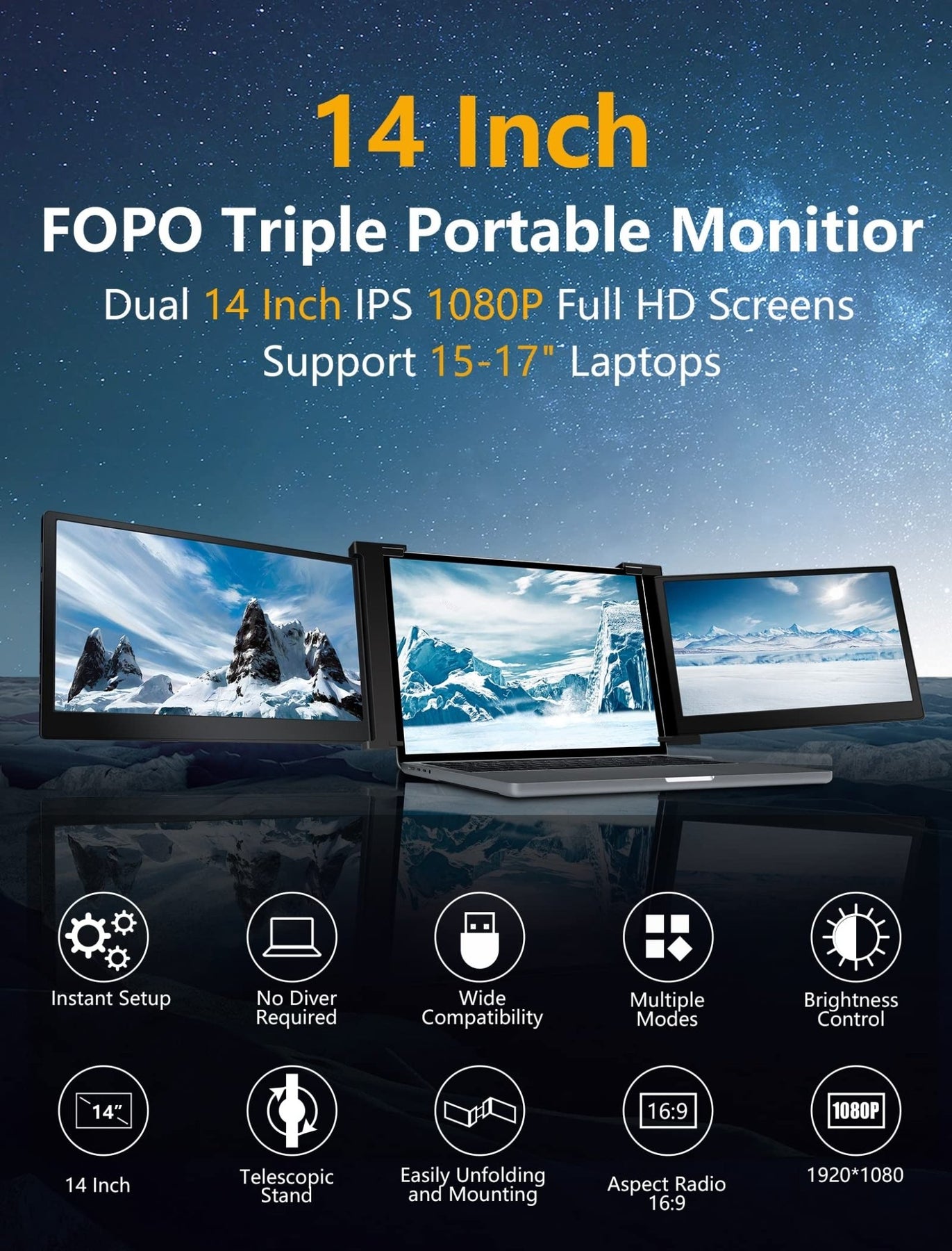 Fopo S19  14“ Triple Monitor & Screen Extender for Laptop